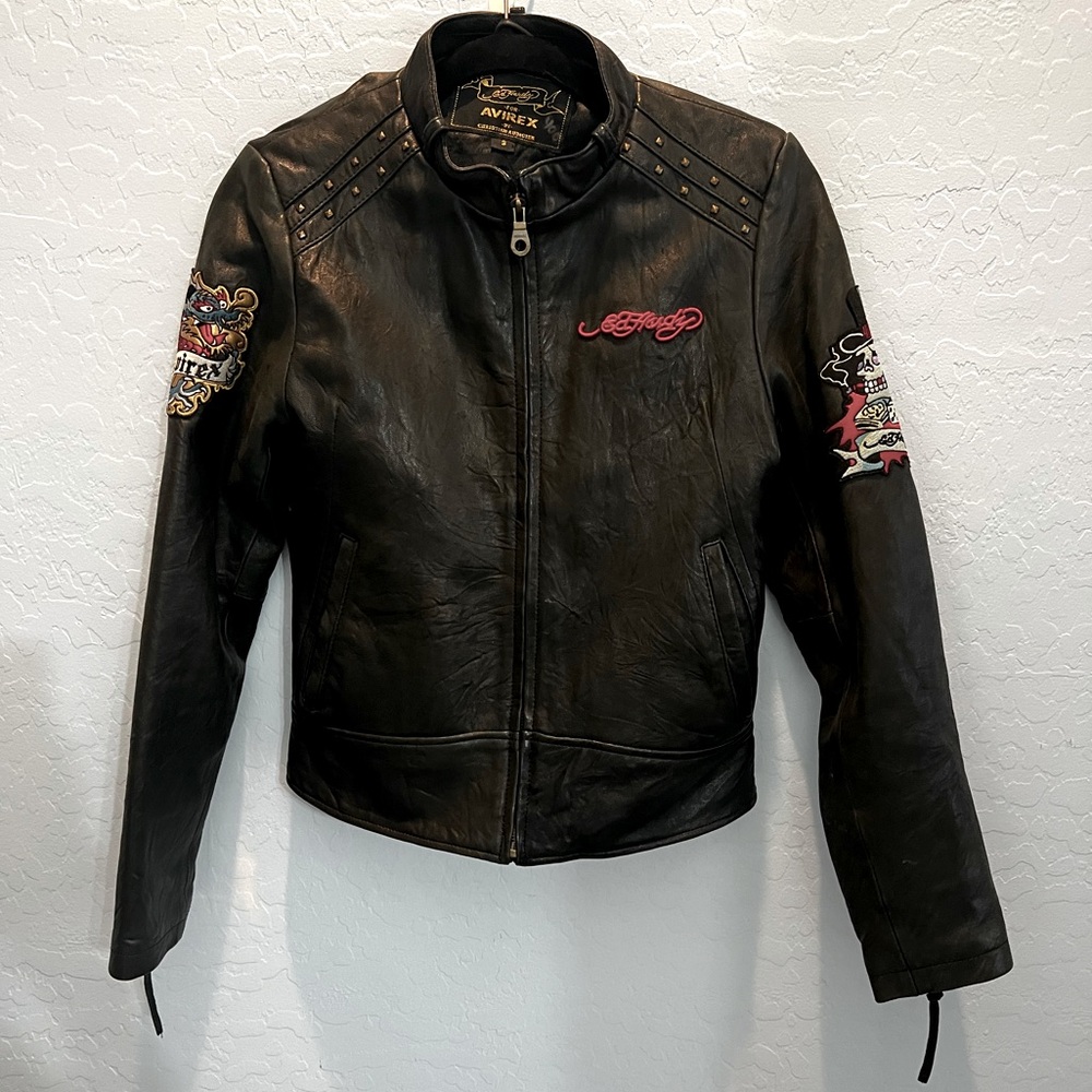 Vintage Ed Hardy Genuine Biker Leather Jacket. Christian Audigier. Size Small.